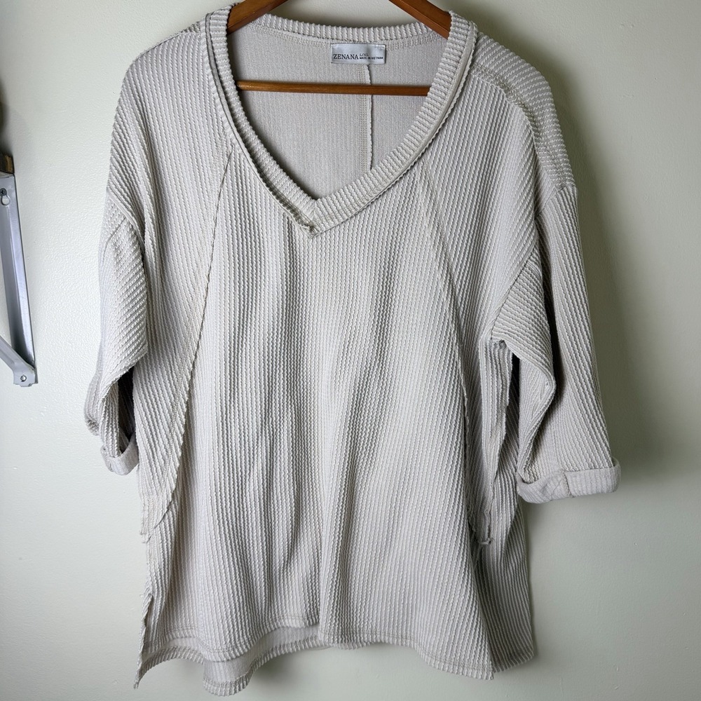Zenana Women's L/Xl Tan Waffle-Knit V-Neck Short Sleeve Pullover Boho